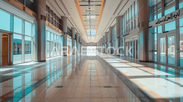 نوافذ وواجهات زجاجية كبيرة، ديكورات راقية وتصميم داخلي على الطراز الحديث، تصاميم عصرية حديثة للشركات السعودية، ممر طويل فارغ لشركة مكتبية بديكور راقي، الفن الهندسي المعماري لمكاتب الأعمال 