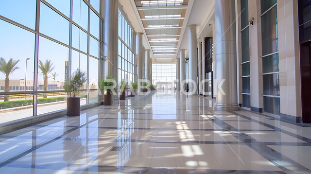 واجهات ونوافذ زجاجية كبيرة، ديكورات راقية وتصميم داخلي على الطراز الحديث، تصاميم عصرية حديثة للشركات السعودية، ممر طويل فارغ لشركة مكتبية بديكور راقي، الفن الهندسي المعماري لمكاتب الأعمال 