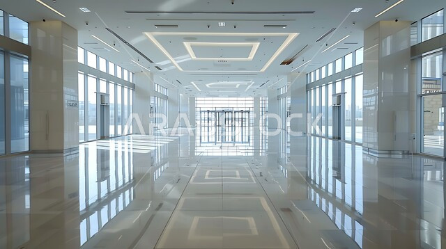 ديكورات راقية وتصميم داخلي على الطراز الحديث، تصاميم عصرية حديثة للشركات السعودية، واجهات ونوافذ زجاجية كبيرة، ممر طويل فارغ لشركة مكتبية بديكور راقي، الفن الهندسي المعماري لمكاتب الأعمال 