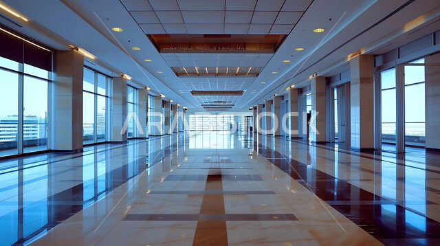 تصميم داخلي وديكورات راقية على الطراز الحديث، تصاميم عصرية حديثة للشركات السعودية، واجهات ونوافذ زجاجية كبيرة، ممر طويل فارغ لشركة مكتبية بديكور راقي، الفن الهندسي المعماري لمكاتب الأعمال 