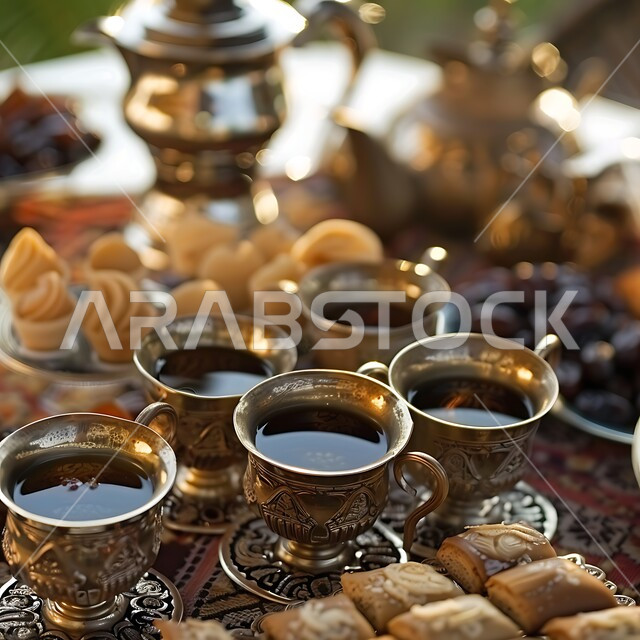 العادات العربية القديمة في الأعياد والمناسبات، الاستمتاع بالمشروبات الساخنة مع حلويات العيد، المحاصيل والمنتجات المحلية الوطنية، القهوة العربية مع التمر الطازج وقطع الحلوى اللذيذة، كرم الإستقبال و حسن الضيافه في المملكة العربية السعودية