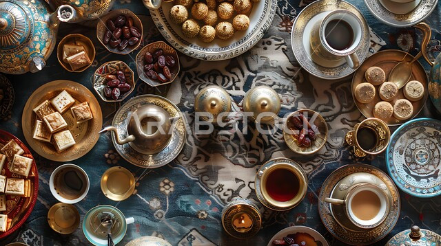 الاستمتاع بالمشروبات الساخنة مع حلويات العيد، المحاصيل والمنتجات المحلية الوطنية، القهوة العربية مع التمر الطازج وقطع الحلوى اللذيذة، كرم الإستقبال و حسن الضيافه في المملكة العربية السعودية، العادات العربية القديمة في الأعياد والمناسبات