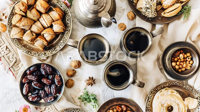 المحاصيل والمنتجات المحلية الوطنية، القهوة العربية مع التمر الطازج وقطع الحلوى اللذيذة، كرم الإستقبال و حسن الضيافه في المملكة العربية السعودية، الاستمتاع بالمشروبات الساخنة مع حلويات العيد، العادات العربية القديمة في الأعياد والمناسبات
