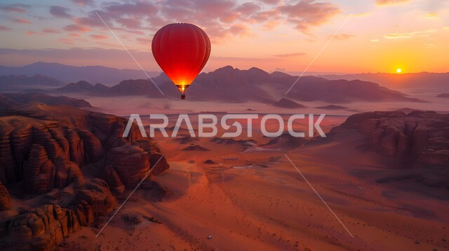 منطاد مملوء بالهواء الساخن يحلق فوق الصحراء وادي رم عند غروب الشمس، الأنشطة الترفيهية الممتعة, وجهة عائلية سياحية طبيعية, البالونات الهوائية تطير في سماء المملكة