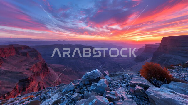 الشفق الأحمر في المناطق الطبيعية, لقطة لشكل السماء البديع وقت غروب الشمس فوق الوادي, الطبيعة الصخرية والمرتفعات الجبلية