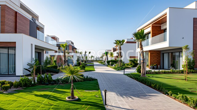 أشجار النخيل والمساحات الخضراء الممتدة على جانبي الطريق المعبد, التصميم المعماري الحديث للمنازل والبيوت, فلل وشقق سكنية فاخرة, التطور العمراني في طرق البناء