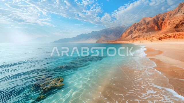 انسجام عناصر الطبيعة في مشهد بديع, انعكاس السماء الزرقاء على مياه البحر الصافية, الشاطئ الرملي والمنحدرات الصخرية