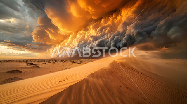 العواصف والرياح الهائجة في الصحاري العربية, البيئة الصحراوية في المملكة, مشهد غروب الشمس على الرمال الذهبية مع قدوم الزوبعة الغبارية, تشكل الكثبان الرملية في الصحراء