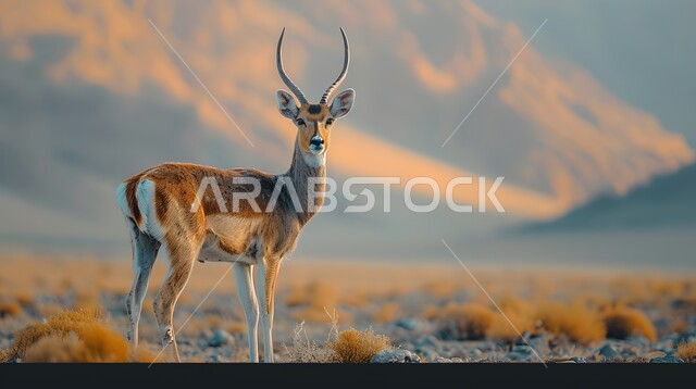 حيوان الظبي ذي القرون يقف في وسط الصحراء، محميات طبيعية لتربية الحيوانات، الحياة البرية في الحدائق والمنتزهات، المناظر الطبيعية في المناطق الصحراوية