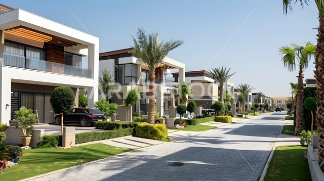  التطور العمراني في طرق البناء, أشجار النخيل والمساحات الخضراء الممتدة على جانبي الطريق المعبد, التصميم المعماري الحديث للمنازل والبيوت, فلل وشقق سكنية فاخرة