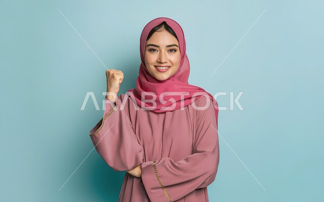 إيماءات و تعابير السعادة و الفوز، القوة و الانتصار و التشجيع، بورتريه مقرب لإمرأة عربية سعودية خليجية محجبة مبتسمة ترتدي العباءة الوردية والحجاب ترفع يدها الى الاعلى وهي تقبض على قبضتها، خلفية زرقاء