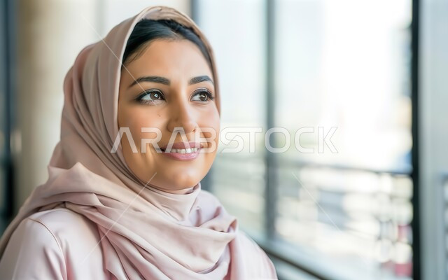 Gestures and expressions of happiness, joy and pleasure, a close-up portrait of a Saudi Arabian Gulf woman wearing a colorful abaya and hijab, interest in elegance and external appearance, the concept of softness and femininity,