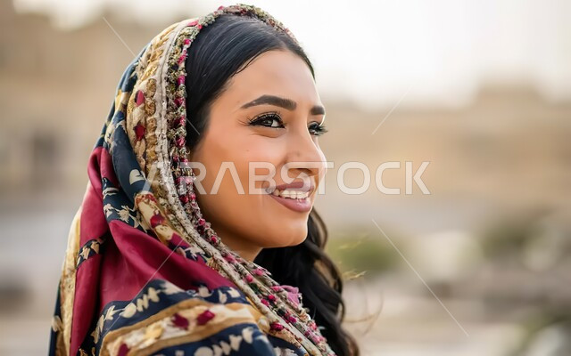 Attention to elegance and external appearance, gestures and expressions of happiness, joy and joy, a close-up portrait of a Saudi Arabian Gulf woman wearing a colorful abaya and hijab, the concept of softness and femininity.