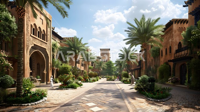 أماكن ومعالم سياحية شعبية تراثية لجذب السائحين إلى المملكة العربية السعودية، بيوت تاريخية قديمة، الفن الهندسي المعماري على الطراز القديم للمباني والبيوت الأثرية الطينية، شوارع مرصوفة من الحصى، اشجار خضراء على جانبي الطريق