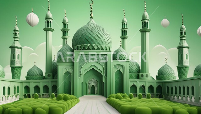 الفن الهندسي المعماري على الطراز العربي العريق، اماكن للعبادة والطاعه والتقرب الى الله، المآذن والقبب المزخرفة، مجسم لتصميم مسجد اسلامي باللون الأخضر، ديكورات وتصاميم اسلامية ثري دي، خلفية خضراء