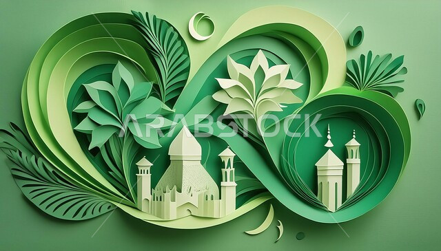 الفن الهندسي المعماري على الطراز العربي العريق، اماكن للعبادة والطاعه والتقرب الى الله، المآذن والقبب المزخرفة، مجسم لتصميم مسجد اسلامي باللون الأخضر، ديكورات وتصاميم اسلامية ثري دي، خلفية خضراء