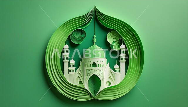 الفن الهندسي المعماري على الطراز العربي العريق، اماكن للعبادة والطاعه والتقرب الى الله، المآذن والقبب المزخرفة، مجسم لتصميم مسجد اسلامي باللون الأخضر، ديكورات وتصاميم اسلامية ثري دي، خلفية خضراء