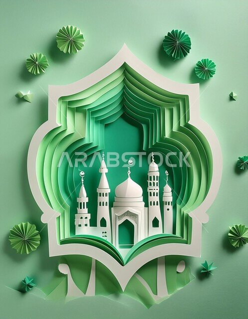 اماكن للعبادة والطاعه والتقرب الى الله، الفن الهندسي المعماري على الطراز العربي العريق، المآذن والقبب المزخرفة، مجسم لتصميم مسجد اسلامي باللون الأخضر، ديكورات وتصاميم اسلامية ثري دي، خلفية خضراء