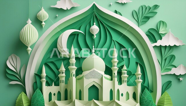 اماكن للعبادة والطاعه والتقرب الى الله، الفن الهندسي المعماري على الطراز العربي العريق، المآذن والقبب المزخرفة، مجسم لتصميم مسجد اسلامي باللون الأخضر، ديكورات وتصاميم اسلامية ثري دي، خلفية خضراء