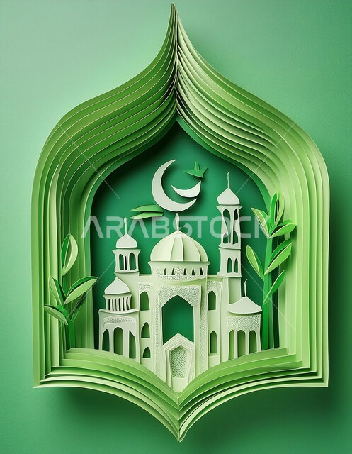 اماكن للعبادة والطاعه والتقرب الى الله، الفن الهندسي المعماري على الطراز العربي العريق، المآذن والقبب المزخرفة، مجسم لتصميم مسجد اسلامي باللون الأخضر، ديكورات وتصاميم اسلامية ثري دي، خلفية خضراء