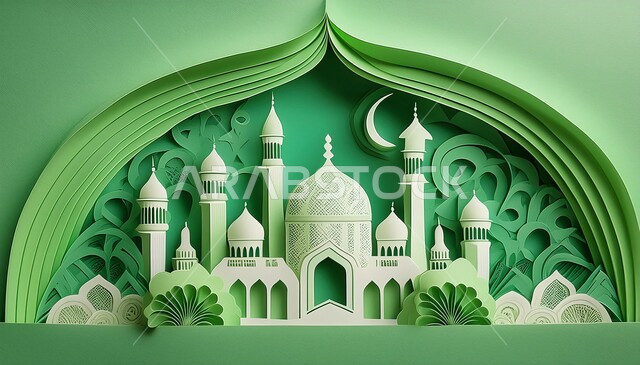 اماكن للعبادة والطاعه والتقرب الى الله، الفن الهندسي المعماري على الطراز العربي العريق، المآذن والقبب المزخرفة، مجسم لتصميم مسجد اسلامي باللون الأخضر، ديكورات وتصاميم اسلامية ثري دي، خلفية خضراء