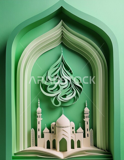 اماكن للعبادة والطاعه والتقرب الى الله، الفن الهندسي المعماري على الطراز العربي العريق، المآذن والقبب المزخرفة، مجسم لتصميم مسجد اسلامي باللون الأخضر، ديكورات وتصاميم اسلامية ثري دي، خلفية خضراء