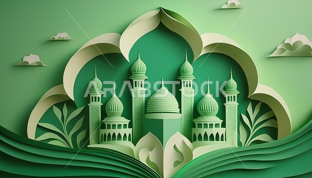  مجسم لتصميم مسجد اسلامي باللون الأخضر، اماكن للعبادة والطاعه والتقرب الى الله، الفن الهندسي المعماري على الطراز العربي العريق، المآذن والقبب المزخرفة، ديكورات وتصاميم اسلامية ثري دي، خلفية خضراء