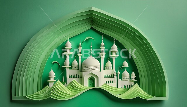  مجسم لتصميم مسجد اسلامي باللون الأخضر، اماكن للعبادة والطاعه والتقرب الى الله، الفن الهندسي المعماري على الطراز العربي العريق، المآذن والقبب المزخرفة، ديكورات وتصاميم اسلامية ثري دي، خلفية خضراء