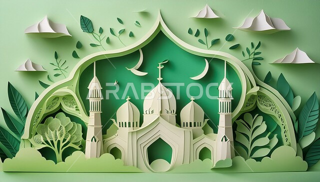  مجسم لتصميم مسجد اسلامي باللون الأخضر، اماكن للعبادة والطاعه والتقرب الى الله، الفن الهندسي المعماري على الطراز العربي العريق، المآذن والقبب المزخرفة، ديكورات وتصاميم اسلامية ثري دي، خلفية خضراء