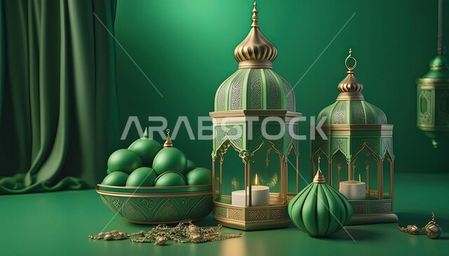 الفوانيس المعدنية  التقليدية المضيئة ، زينة وديكورات رمضان المبارك, الاحتفال بالمناسبات والأعياد الدينية الاسلامية، الأجواء الروحانية المتميزة، البهجة بقدوم شهر الخير، خلفية خضراء