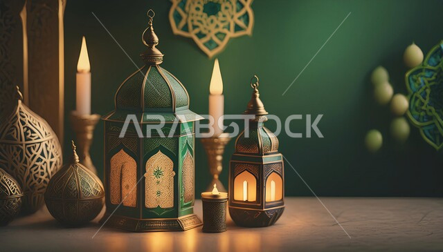 الفوانيس المعدنية  التقليدية المضيئة ، زينة وديكورات رمضان المبارك, الاحتفال بالمناسبات والأعياد الدينية الاسلامية، الأجواء الروحانية المتميزة، البهجة بقدوم شهر الخير، خلفية خضراء