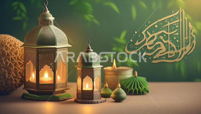 الفوانيس المعدنية  التقليدية المضيئة ، زينة وديكورات رمضان المبارك, الاحتفال بالمناسبات والأعياد الدينية الاسلامية، الأجواء الروحانية المتميزة، البهجة بقدوم شهر الخير، خلفية خضراء