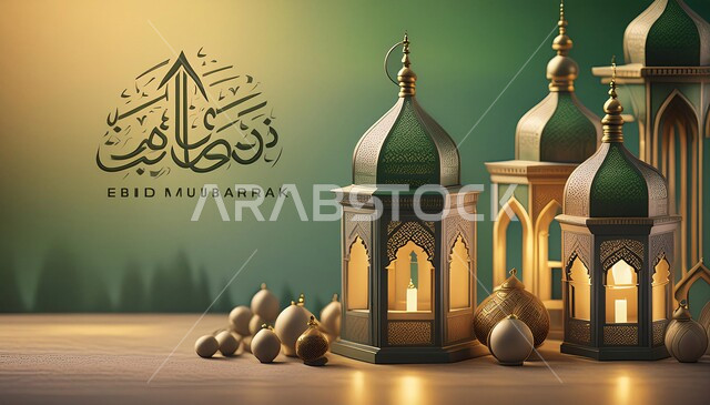 الفوانيس المعدنية  التقليدية المضيئة ، زينة وديكورات رمضان المبارك, الاحتفال بالمناسبات والأعياد الدينية الاسلامية، الأجواء الروحانية المتميزة، البهجة بقدوم شهر الخير، خلفية خضراء