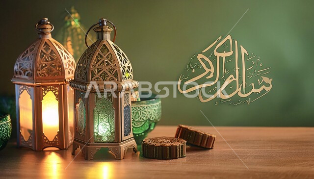 الفوانيس المعدنية  التقليدية المضيئة ، زينة وديكورات رمضان المبارك, الاحتفال بالمناسبات والأعياد الدينية الاسلامية، الأجواء الروحانية المتميزة، البهجة بقدوم شهر الخير، خلفية خضراء