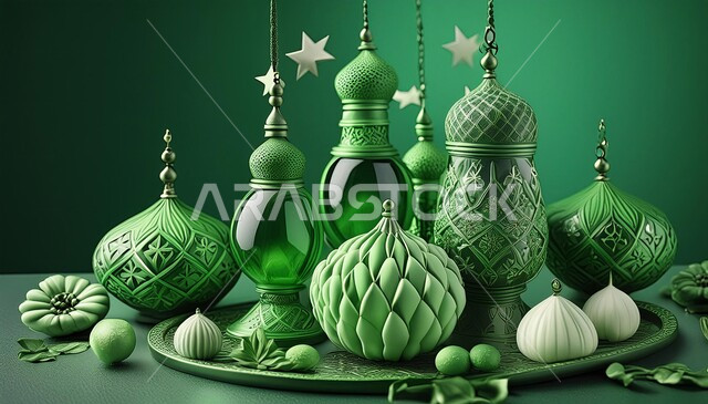 Decorations and decorations for the blessed Ramadan in green, traditional illuminated metal lanterns, celebration of Islamic religious occasions and holidays, distinct spiritual atmosphere, joy at the arrival of the month of goodness, green background