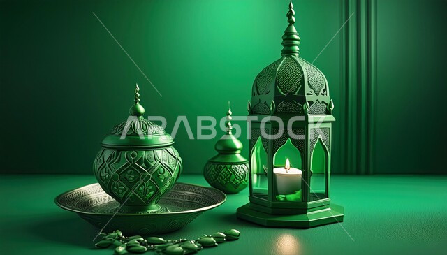  زينة وديكورات رمضان المبارك باللون الاخضر, الفوانيس المعدنية التقليدية المضيئة ، الاحتفال بالمناسبات والأعياد الدينية الاسلامية، الأجواء الروحانية المتميزة، البهجة بقدوم شهر الخير، خلفية خضراء