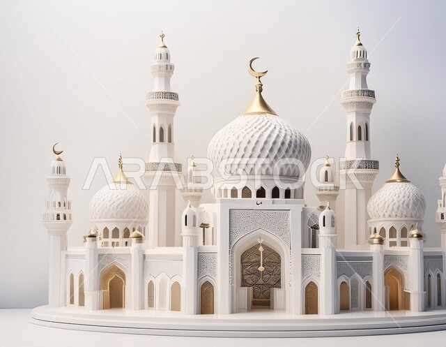 العبادة والتقرب الى الله تعالى, الديكورات العصرية على الطراز الحديث لبناء المساجد, مجسم ثلاثي الابعاد لجامع باللون الأبيض, أجواء روحانية إسلامية, المعالم الإسلامية المقدسة، مقصد المسلمين لأداء الصلوات، خلفية بيضاء