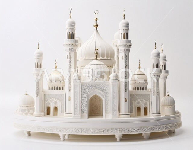 العبادة والتقرب الى الله تعالى, الديكورات العصرية على الطراز الحديث لبناء المساجد, مجسم ثلاثي الابعاد لجامع باللون الأبيض, أجواء روحانية إسلامية, المعالم الإسلامية المقدسة، مقصد المسلمين لأداء الصلوات، خلفية بيضاء