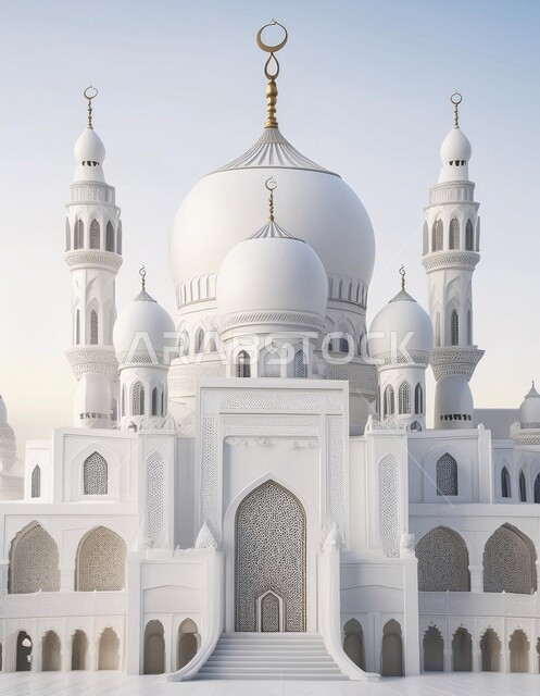 Worship and drawing closer to God Almighty, modern decorations in the modern style of building mosques, a three-dimensional model of a mosque in white, an Islamic spiritual atmosphere, holy Islamic monuments, a destination for Muslims to perform prayers, a white background