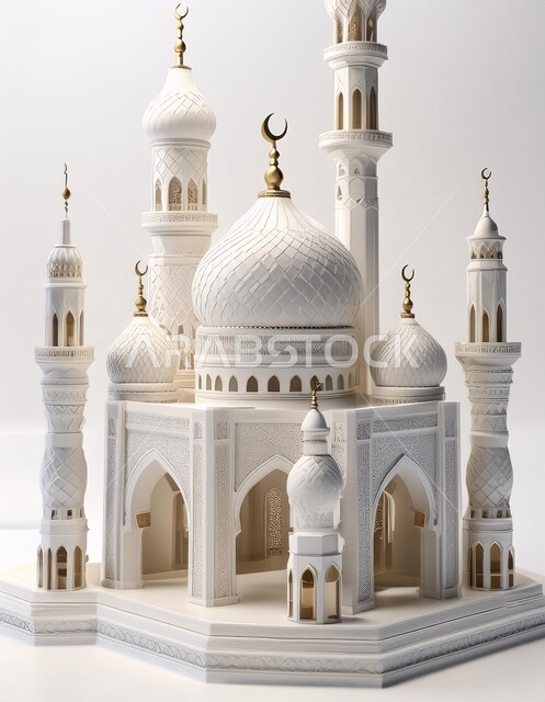Worship and drawing closer to God Almighty, modern decorations in the modern style of building mosques, a three-dimensional model of a mosque in white, an Islamic spiritual atmosphere, holy Islamic monuments, a destination for Muslims to perform prayers, a white background