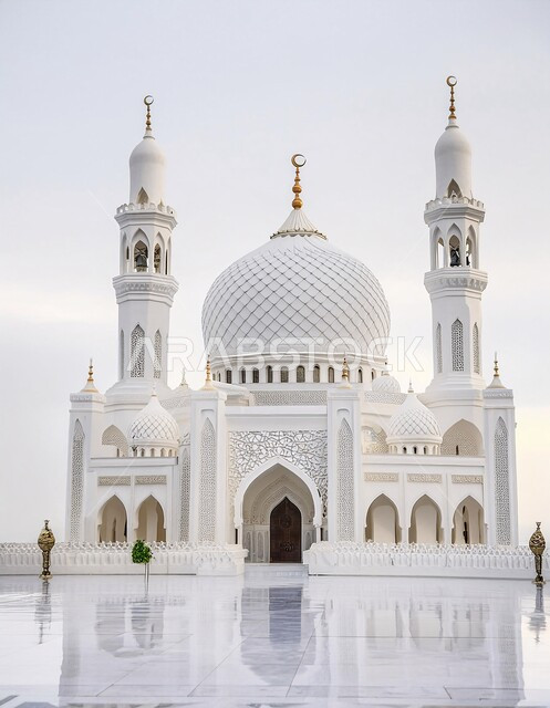 العبادة والتقرب الى الله تعالى, الديكورات العصرية على الطراز الحديث لبناء المساجد, مجسم ثلاثي الابعاد لجامع باللون الأبيض, أجواء روحانية إسلامية, المعالم الإسلامية المقدسة، مقصد المسلمين لأداء الصلوات، خلفية بيضاء