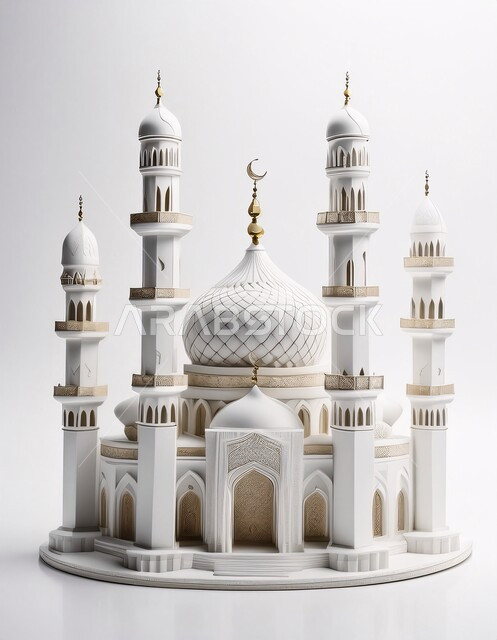 مقصد المسلمين لأداء الصلوات، العبادة والتقرب الى الله تعالى, الديكورات العصرية على الطراز الحديث لبناء المساجد, مجسم ثلاثي الابعاد لجامع باللون الأبيض, أجواء روحانية إسلامية, المعالم الإسلامية المقدسة، خلفية بيضاء