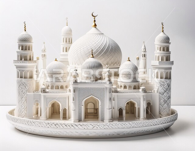 مقصد المسلمين لأداء الصلوات، العبادة والتقرب الى الله تعالى, الديكورات العصرية على الطراز الحديث لبناء المساجد, مجسم ثلاثي الابعاد لجامع باللون الأبيض, أجواء روحانية إسلامية, المعالم الإسلامية المقدسة، خلفية بيضاء