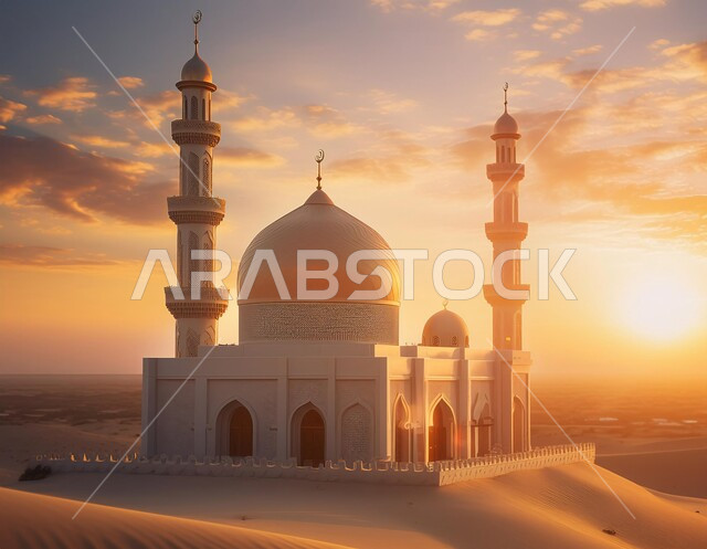 المآذن والقبب المزخرفة، ديكورات وتصاميم اسلامية ثري دي، رسم توضيحي لتصميم مسجد اسلامي باللون الأبيض في الأماكن الطبيعية، الفن الهندسي المعماري على الطراز العربي العريق، اماكن للعبادة والطاعه والتقرب الى الله، خلفية الطبيعة