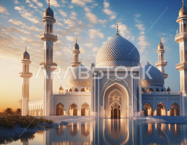 المآذن والقبب المزخرفة، ديكورات وتصاميم اسلامية ثري دي، رسم توضيحي لتصميم مسجد اسلامي باللون الأبيض في الأماكن الطبيعية، الفن الهندسي المعماري على الطراز العربي العريق، اماكن للعبادة والطاعه والتقرب الى الله، خلفية الطبيعة
