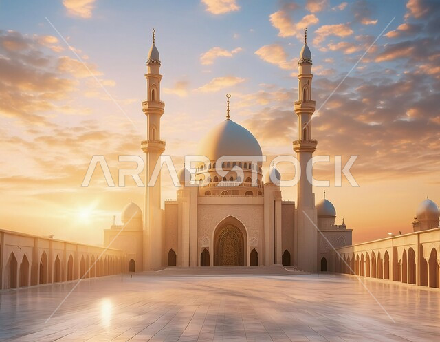 المآذن والقبب المزخرفة، ديكورات وتصاميم اسلامية ثري دي، رسم توضيحي لتصميم مسجد اسلامي باللون الأبيض في الأماكن الطبيعية، الفن الهندسي المعماري على الطراز العربي العريق، اماكن للعبادة والطاعه والتقرب الى الله، خلفية الطبيعة