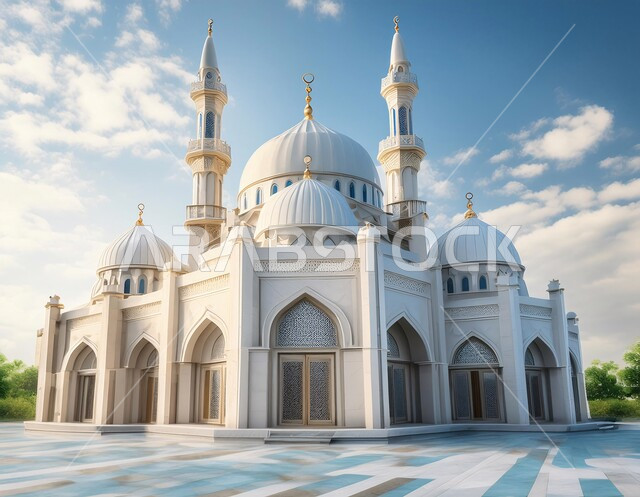 المآذن والقبب المزخرفة، ديكورات وتصاميم اسلامية ثري دي، رسم توضيحي لتصميم مسجد اسلامي باللون الأبيض في الأماكن الطبيعية، الفن الهندسي المعماري على الطراز العربي العريق، اماكن للعبادة والطاعه والتقرب الى الله، خلفية الطبيعة