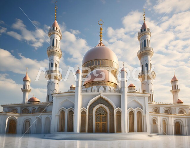 المآذن والقبب المزخرفة، ديكورات وتصاميم اسلامية ثري دي، رسم توضيحي لتصميم مسجد اسلامي باللون الأبيض في الأماكن الطبيعية، الفن الهندسي المعماري على الطراز العربي العريق، اماكن للعبادة والطاعه والتقرب الى الله، خلفية الطبيعة