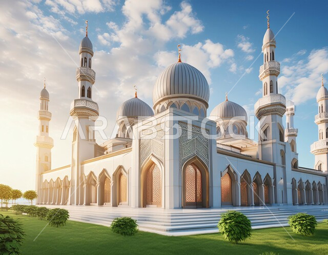 المآذن والقبب المزخرفة، ديكورات وتصاميم اسلامية ثري دي، رسم توضيحي لتصميم مسجد اسلامي باللون الأبيض في الأماكن الطبيعية، الفن الهندسي المعماري على الطراز العربي العريق، اماكن للعبادة والطاعه والتقرب الى الله، خلفية الطبيعة