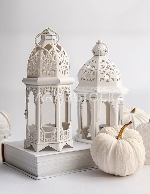 Decorations and lights in the spiritual Ramadan atmosphere, a luminous decorative metal Arabic lantern, lighting and decorations for the holy month of Ramadan, traditional Islamic lanterns and antiques to celebrate the coming of the month of goodness, Islamic art antiques and accessories.